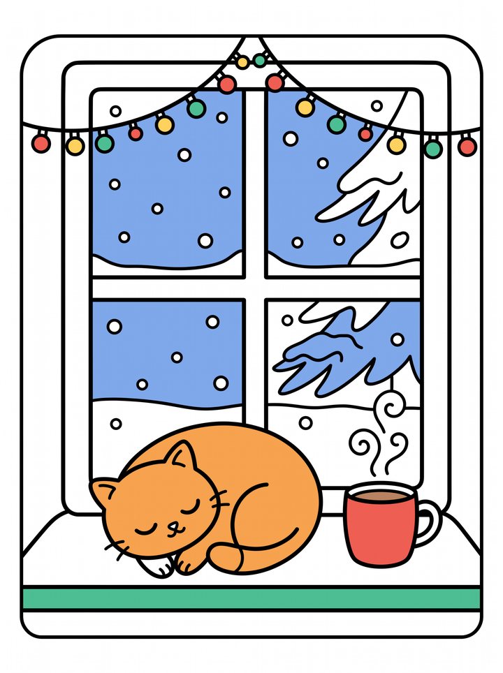 A coloring page in progress: a sleepy cat on a snowy windowsill beside a mug of cocoa, under a string of holiday lights.