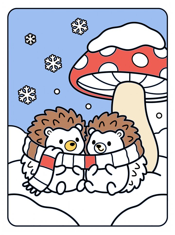 A sample page: two hedgehogs sharing a striped scarf under a snowy mushroom.